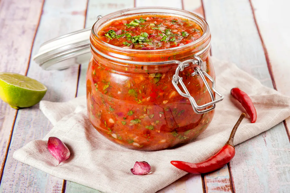 Tomato,Salsa,In,A,Glass,Jar.,Homemade,Spicy,Tomato,Sauce